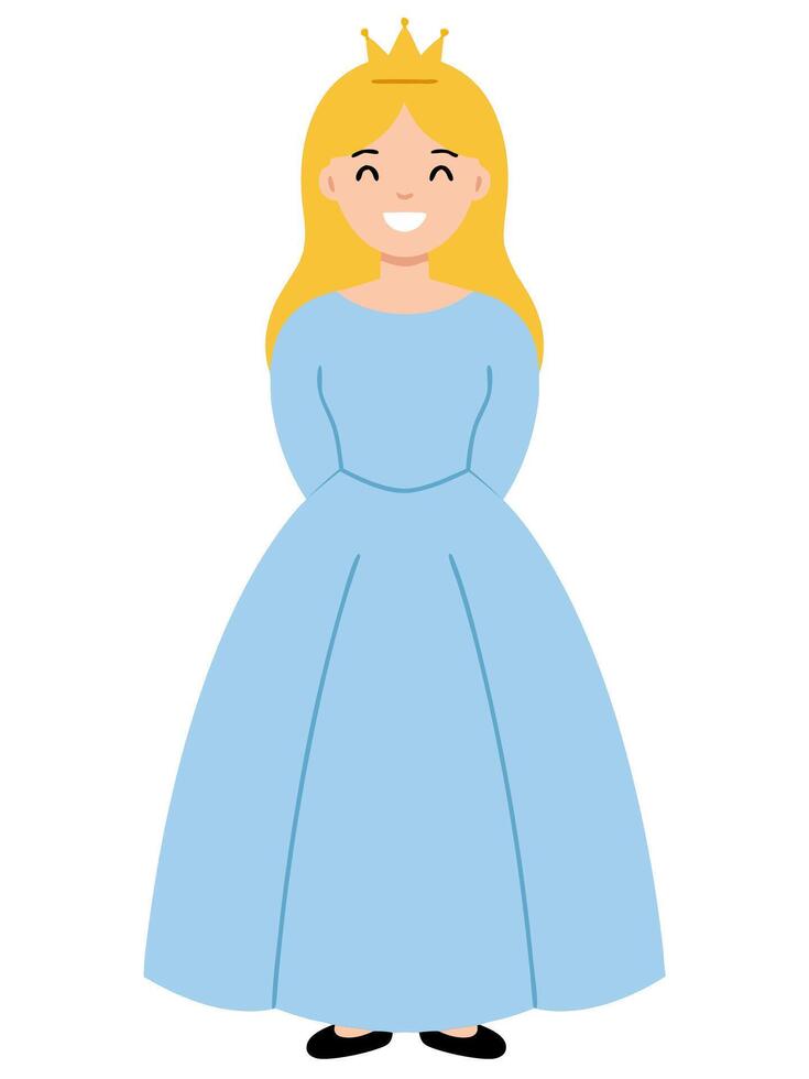 This minimal illustration features a smiling princess character in a blue dress, adorned with a golden crown. Perfect for children themes or fairy tales. vector