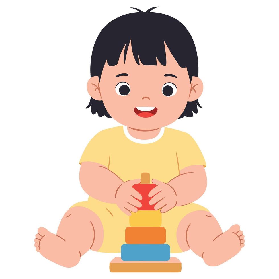 Happy Baby Playing with Colorful Stacking Toy in Bright Room with Joyful Expression vector