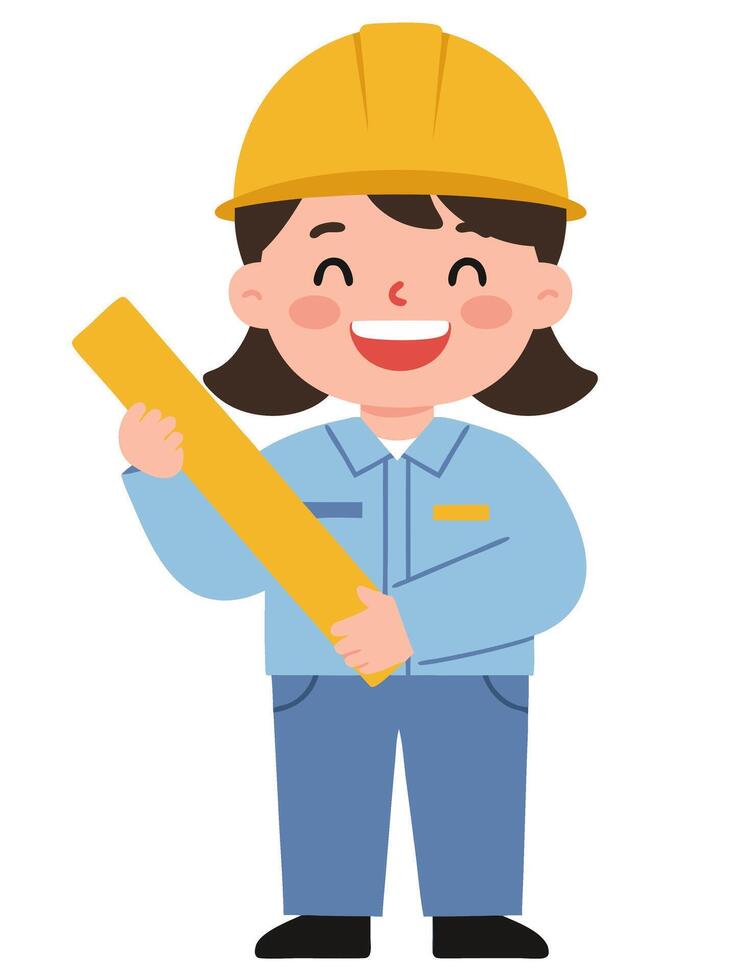 Happy Young Girl Engineer Holding a Yellow Ruler with Construction Hat and Smiling Face vector