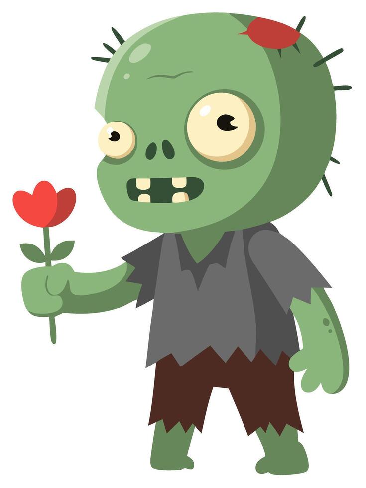 This fun and playful illustration features a cartoon zombie joyfully holding a red flower, showcasing a whimsical and humorous character design. vector