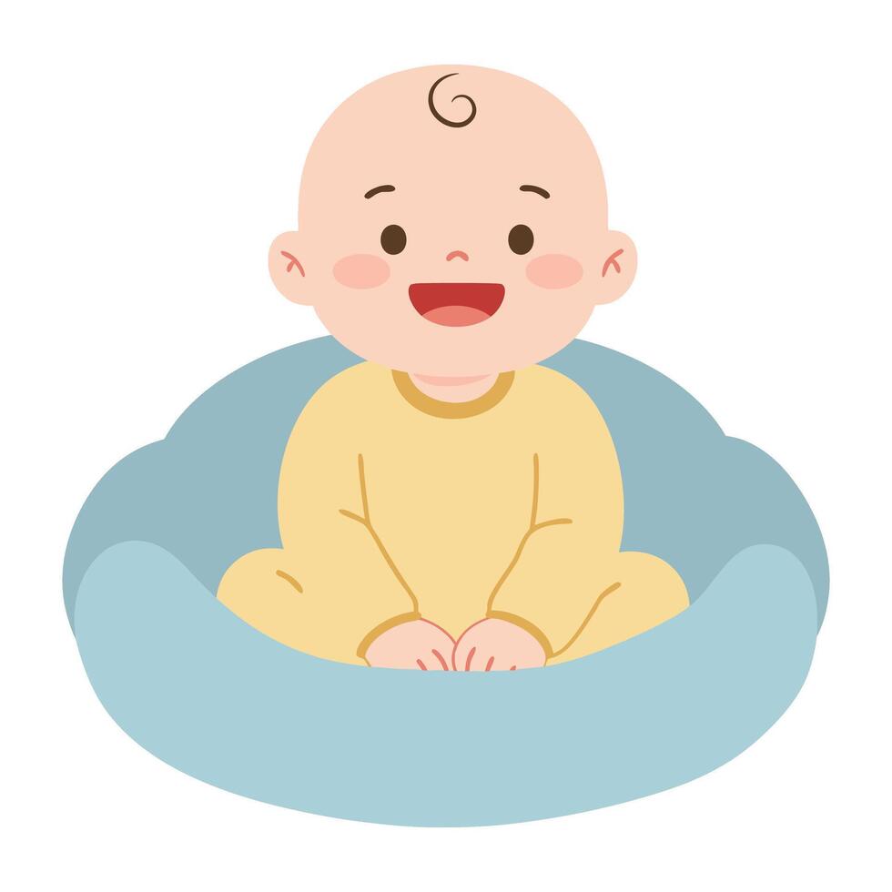 Happy Baby Sitting on Soft Cushion with Cheerful Expression in Colorful Clothing vector