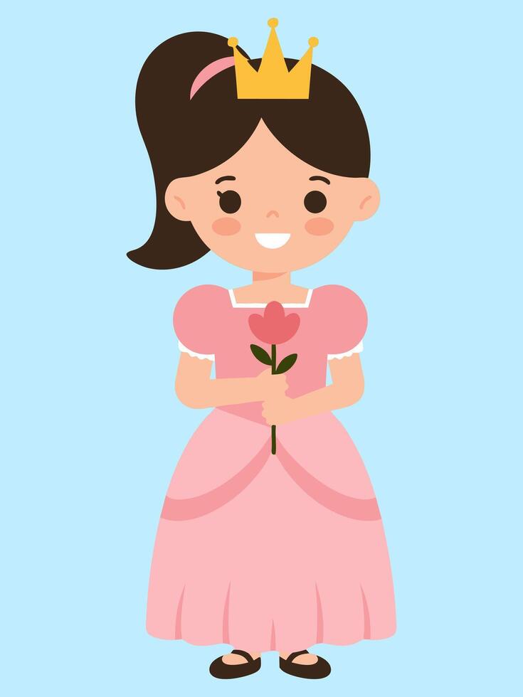 This delightful minimal illustration features a cute princess character holding a pink flower. She wears a charming dress and crown against a soft blue background, radiating joy. vector