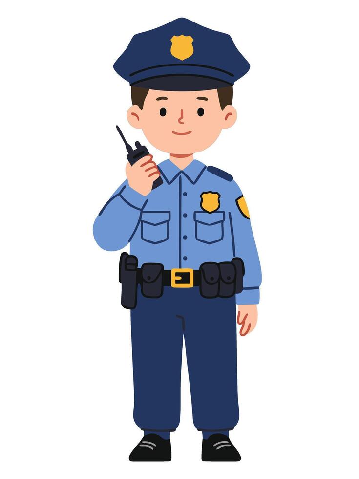 A charming minimal illustration of a male police officer in uniform, holding a radio and smiling, suitable for educational or creative projects emphasizing community safety. vector