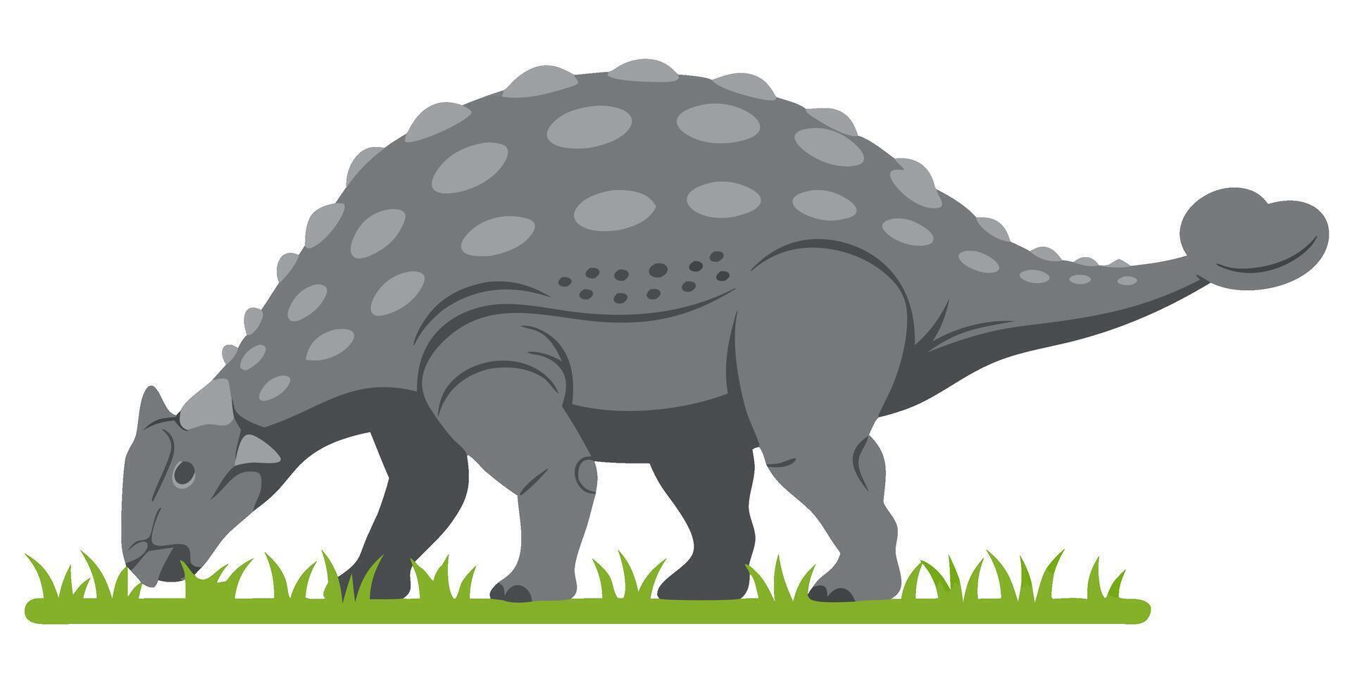 Gray Ankylosaurus Dinosaur Grazing on Grass in a Cartoon Style Illustration vector