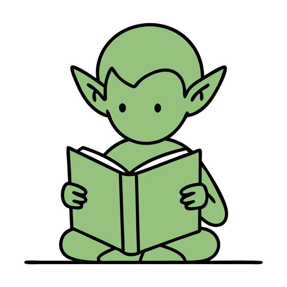 Charming minimal illustration of a childlike elf reading a book. The whimsical character captures imagination and joy in storytelling. Perfect for creative projects. vector