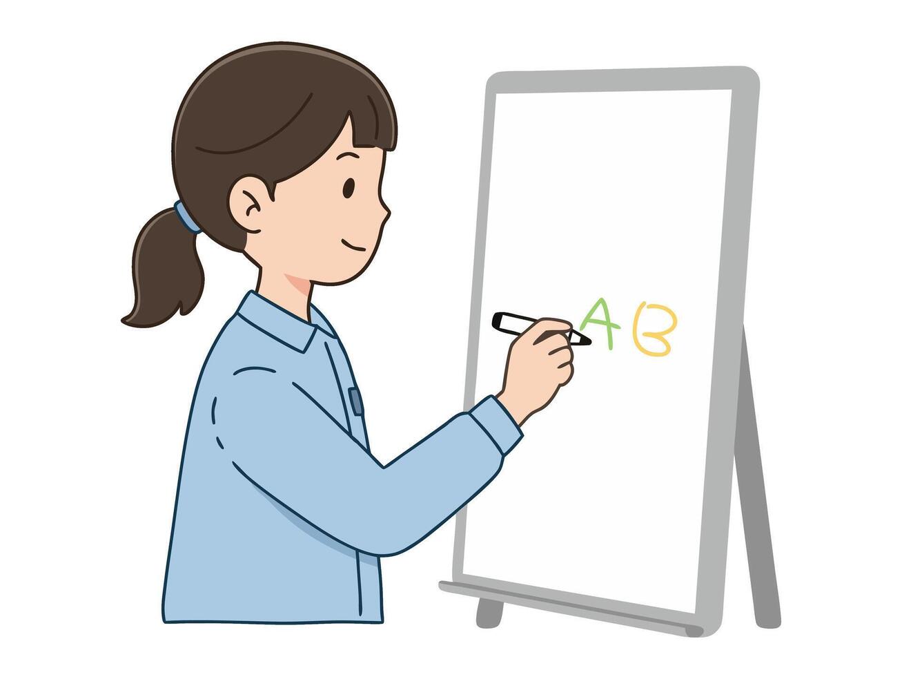 This minimal illustration features an educator writing letters on a board. The scene captures a child in a classroom, emphasizing the themes of learning and creativity. vector