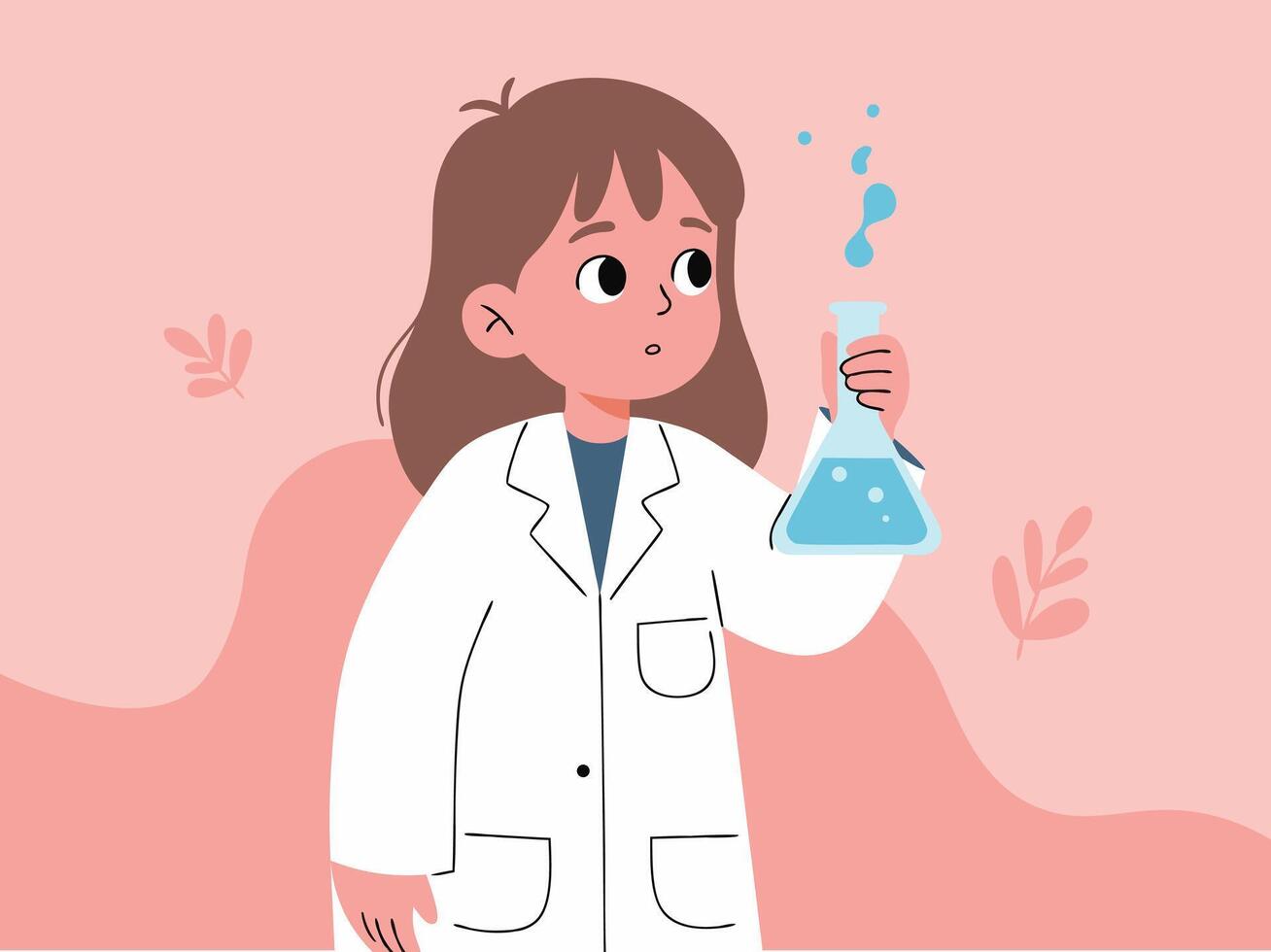 A young girl dressed in a lab coat holds a test tube filled with blue liquid, showcasing a curious expression against a soft pink background, perfect for educational themes. vector