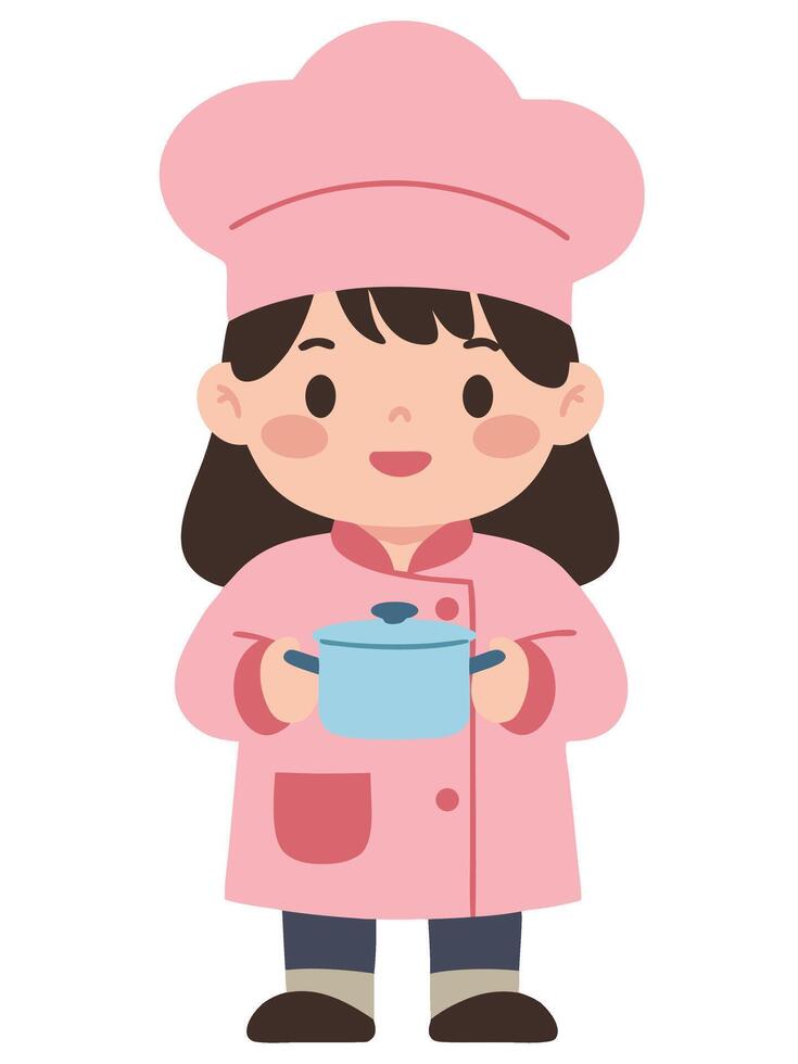 Cute Girl Chef Holding a Pot in a Pink Chef Outfit with a Cheerful Expression vector