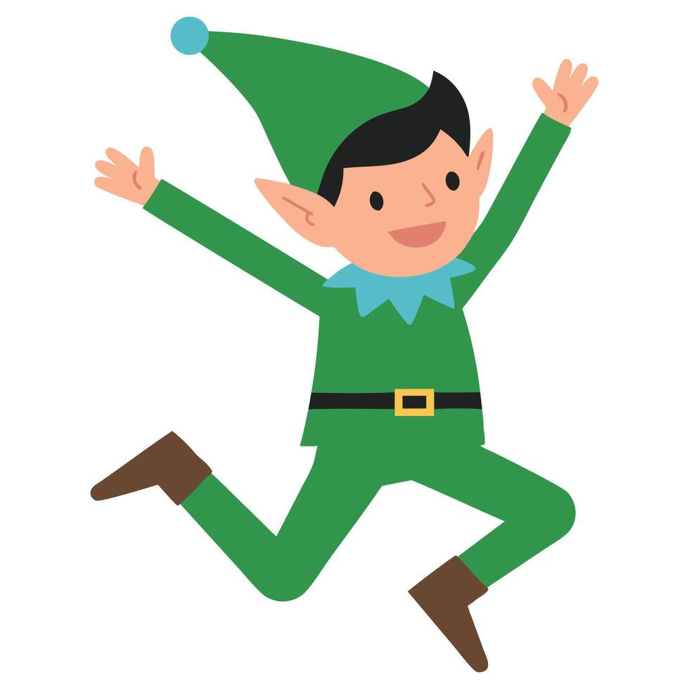 Cheerful Cartoon Elf Character Jumping with Joy in Bright Green Outfit and Pointy Hat vector
