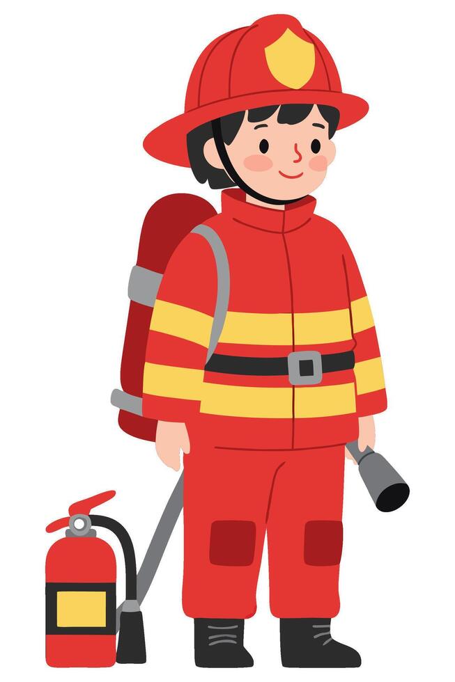 Cute Cartoon Boy in Firefighter Costume with Fire Extinguisher and Flashlight Illustration vector