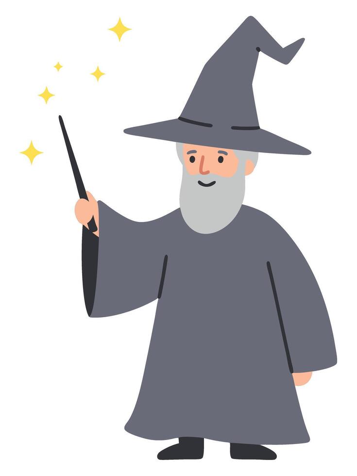 Old Wizard Casting Spell with Wand Surrounded by Glowing Stars in Magical Forest Scene vector
