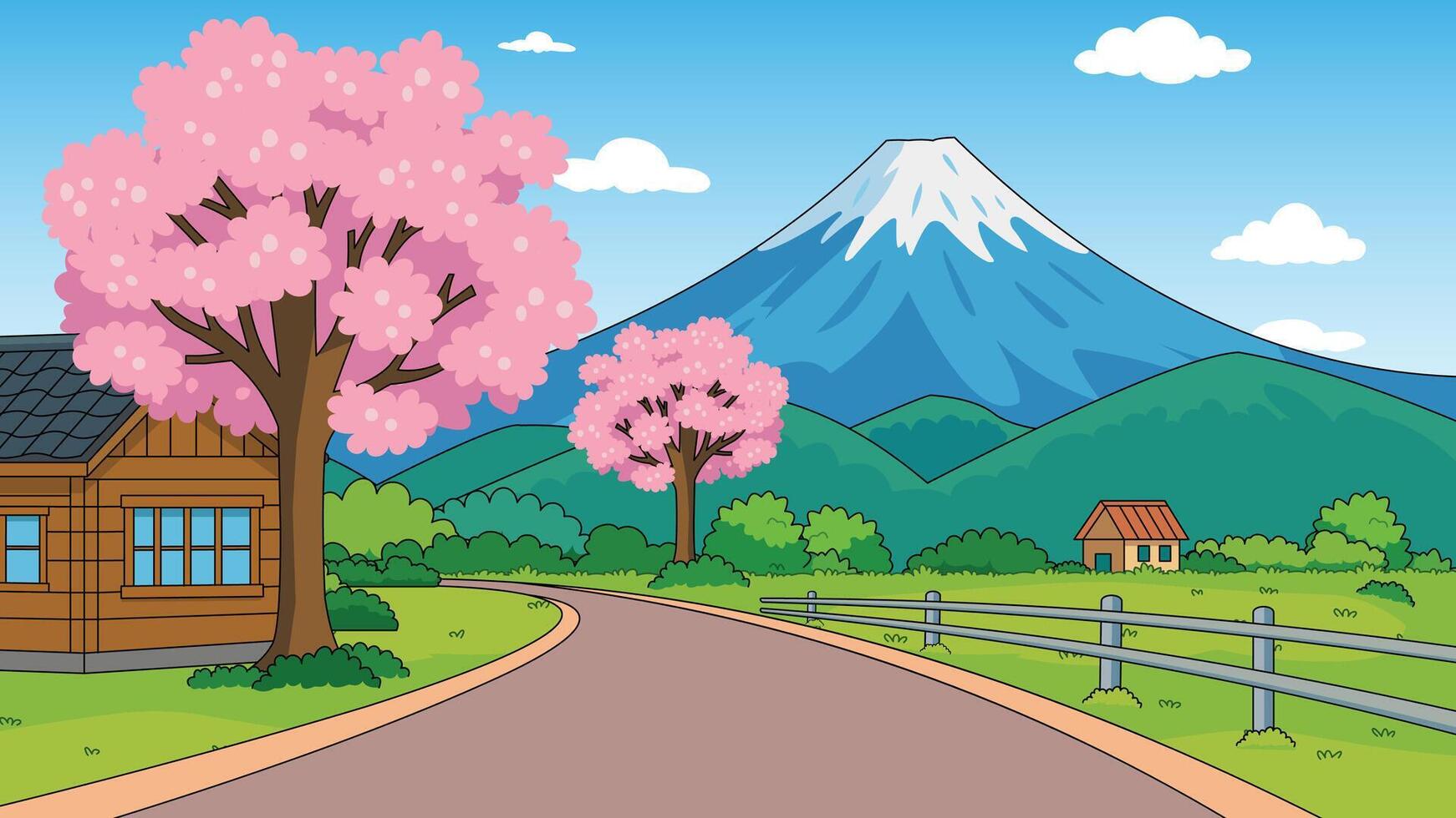 A serene springtime scene featuring Mount Fuji and blooming cherry blossoms vector