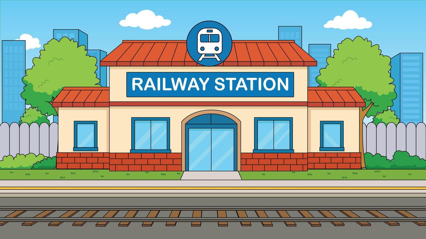 A cartoon illustration of a railway station vector