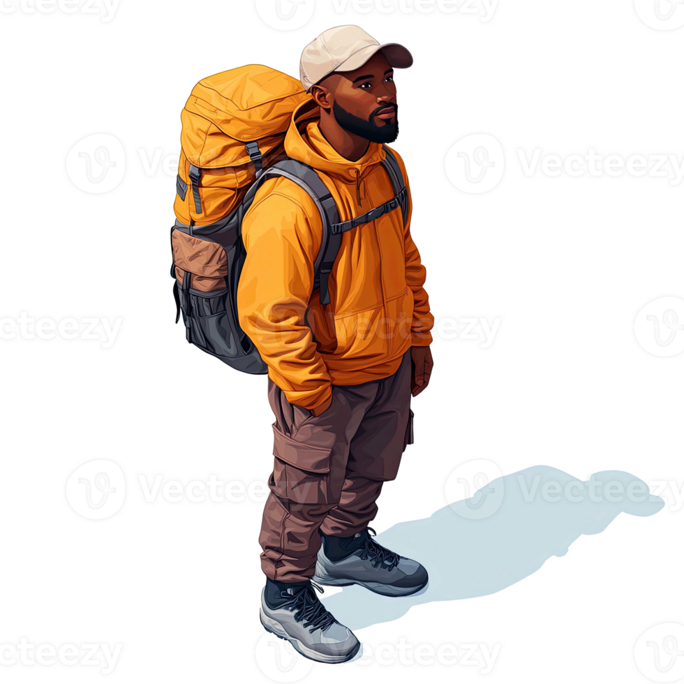 A lone male backpacker on an adventurous journey, exploring the wilderness. He is ready for a new experience, embracing nature's beauty. png