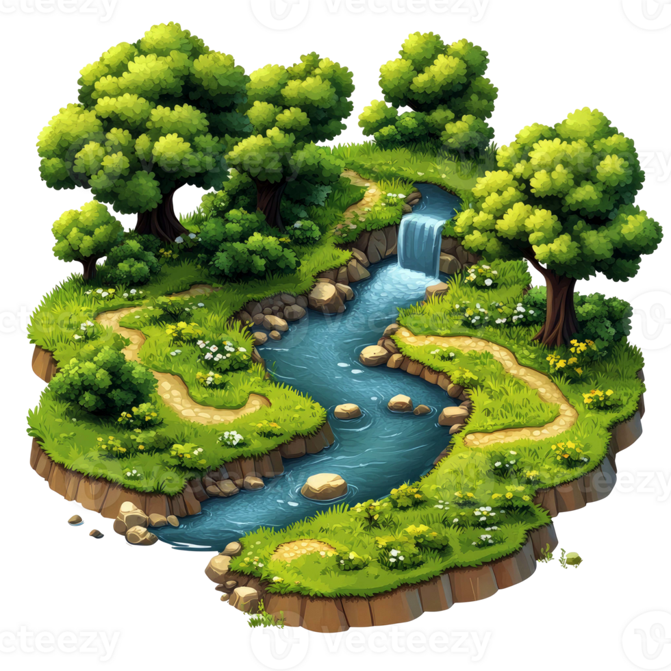 Discover the beauty of nature with this breathtaking image of a tranquil river flowing through a lush forest. Explore the picturesque scenery and find your peace. png