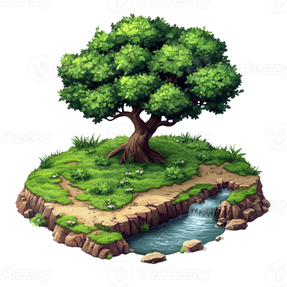 Digital Painting of a Lush Landscape with a Majestic Tree and a Serene Stream png