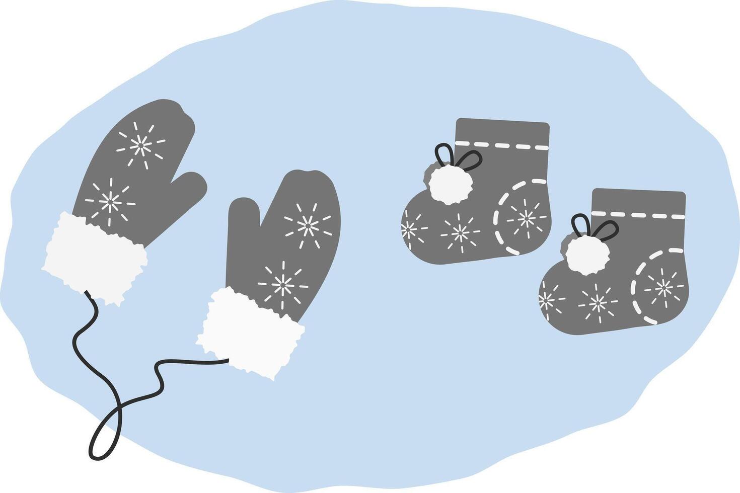 Pair Mittens on rope and Booties with buboes Winter clothes with snowflakes pattern Sticker Icon Set. Isolated illustration Thematic cards Icon Logo Branding, price tag or promo leaflets, print vector