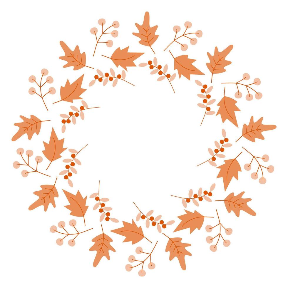 Freehand Autumn leaves and berry twigs Circle Frame border Trendy Monochrome Copy space Template idea. Isolated illustration Seasonal Thematic Greeting Cards, poster, labels or web promo banner vector