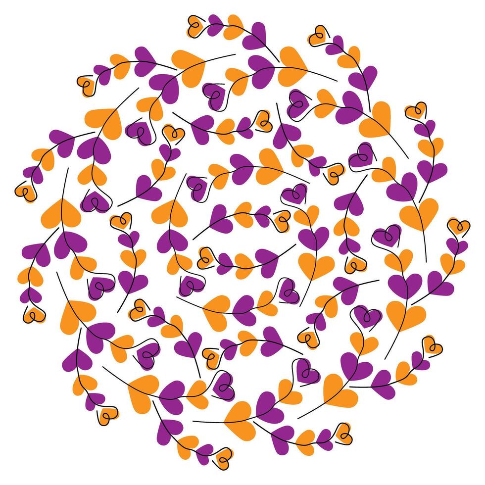 Freehand Heart Shape Branches in trendy Halloween Shades Circular Backdrop Texture Greeting Template. Isolated illustration Thematic Invite Party Cards, poster or web promo banner, leaflet, tag vector