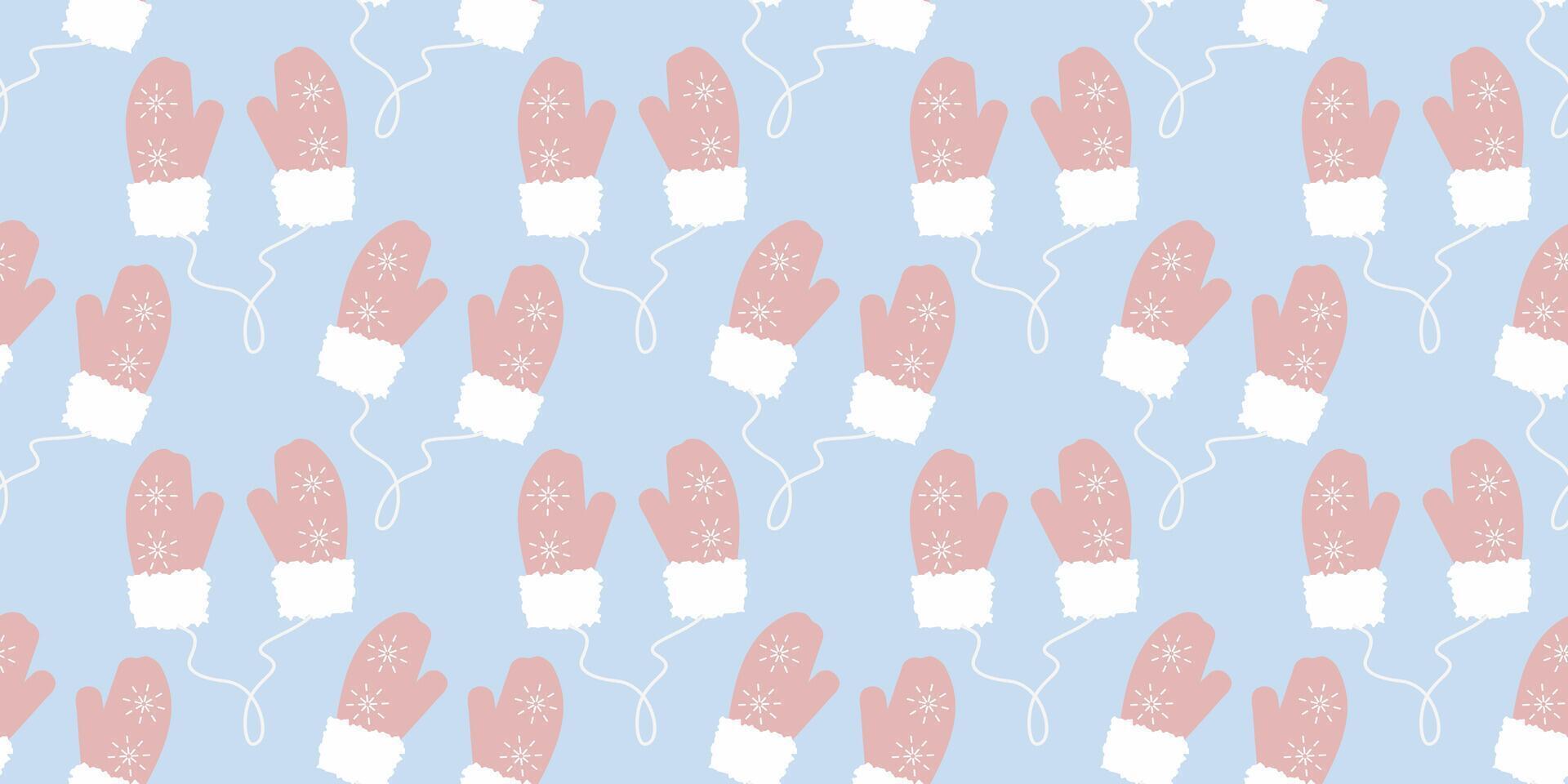 Mittens with snowflakes and fur on string Seamless Pattern in trendy soft pink on blue Winter fond. Isolated illustration Seasonal Thematic Clothing Cards Branding Backdrop price tag, promo tag vector
