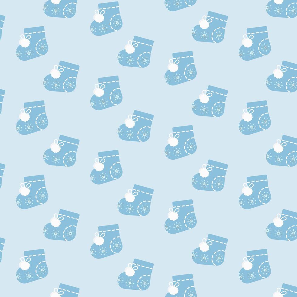 Booties with buboes, stitches and Snowflakes Ornament Seamless Pattern Winer Child Cloth Background . Isolated illustration Kids Print Textile Thematic Invite Party Cards, promo banner, leaflet vector