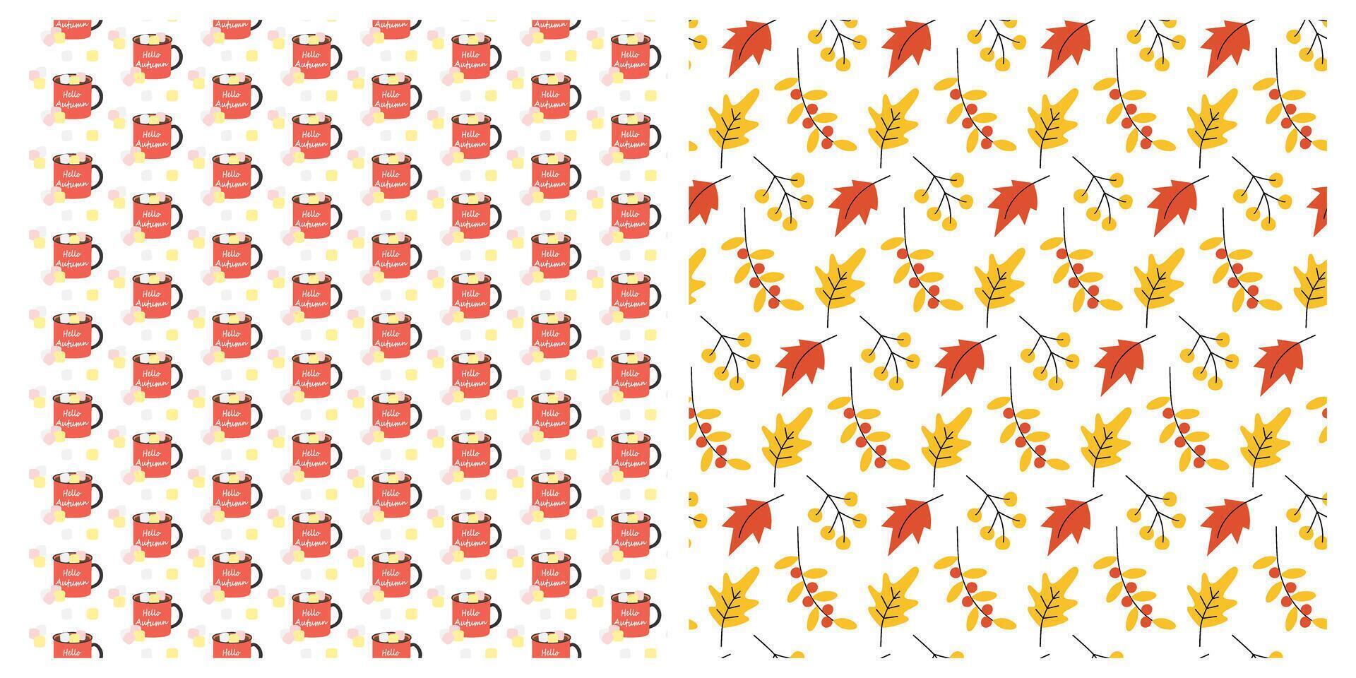 Freehand Autumn leaves and Cup with Hello Autumn text and Marshmallows cubes Seamless Patterns Set. Isolated illustration Thematic Background Wallpaper Cards Posters, leaflets, web promo banner vector
