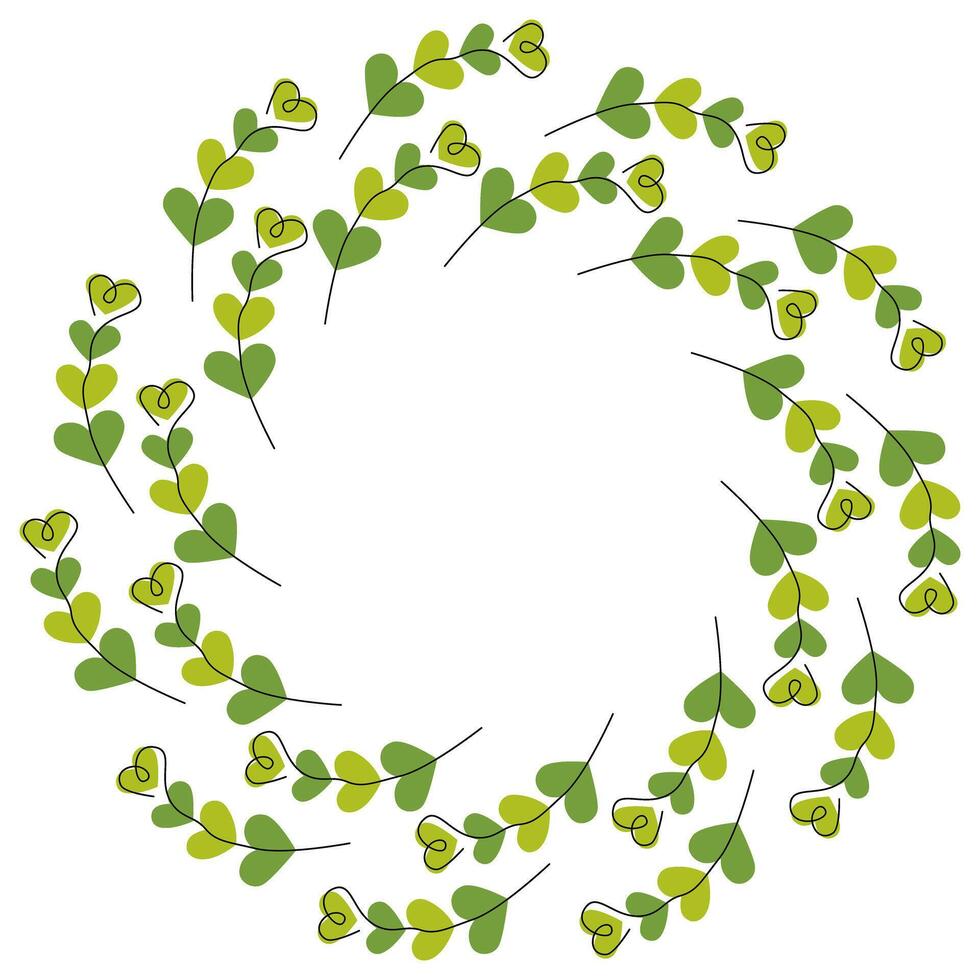 One line Hearts shaped leaves Monochrome green Branches Circle Frame border Copy space Template idea. Isolated illustration St Patrick Greeting Thematic Card Invite or web promo banner, leaflet vector