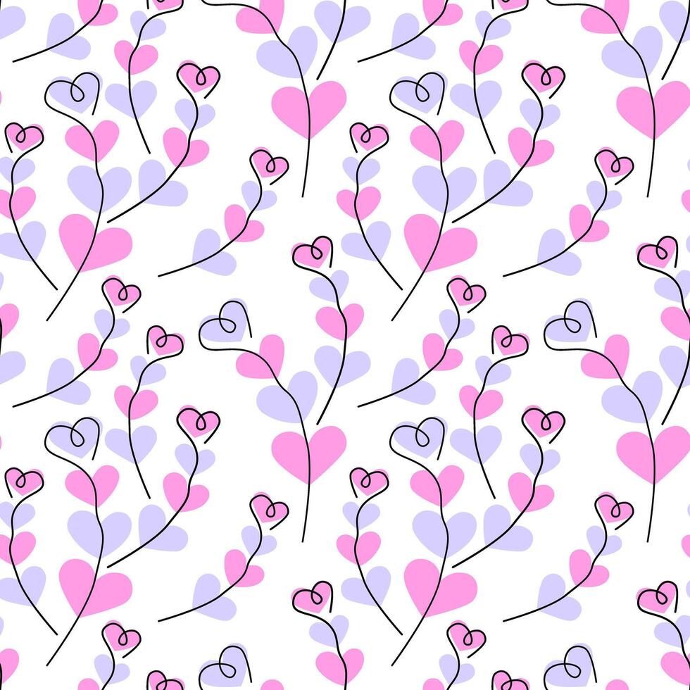 One line Heart shape Branches on Hearts shape spots Trendy lavender and pink fond Seamless Pattern. Isolated illustration Wallpaper Greeting Thematic Cards Invite or web promo banner, leaflets vector