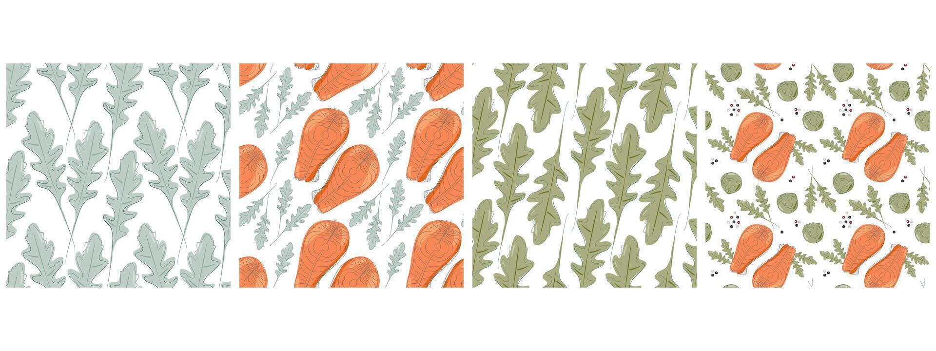 Freehand Arugula leaves Salmon steaks Brussels sprouts Seamless Patterns Healthy eating fond Big Set. Isolated design Thematic Menu Cards Wallpaper, wrapping or web promo banner, leaflet, price vector