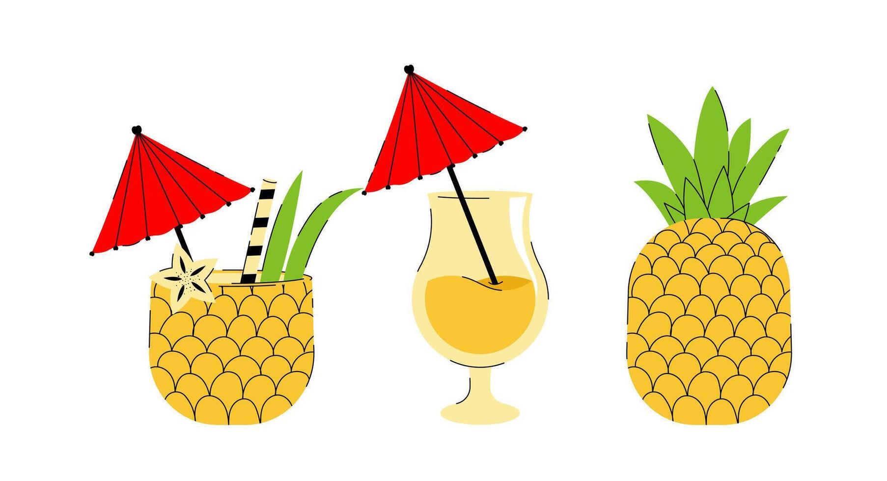 Set of summer tropical cocktails in glass and pineapple. fruit collection on white background for interior, poster, banner vector