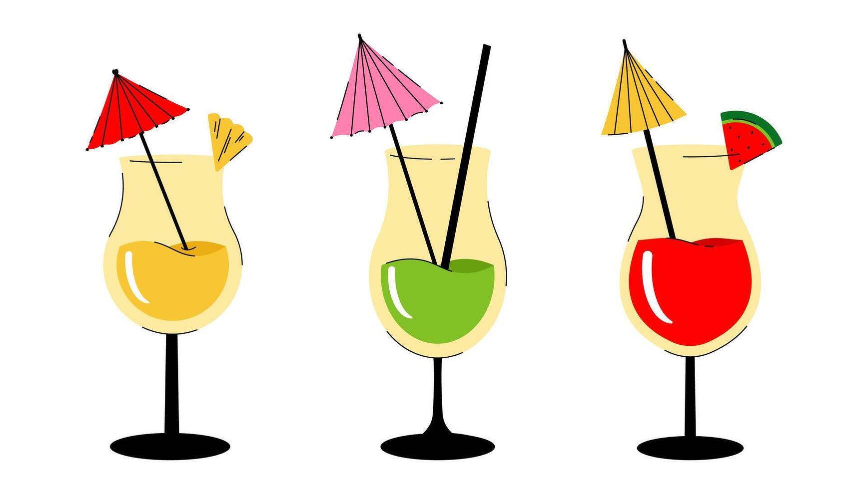 Set of summer tropical cocktail with umbrella. Alcoholic or nonalcoholic drink in glass. illustration on white background for interior, poster, banner vector