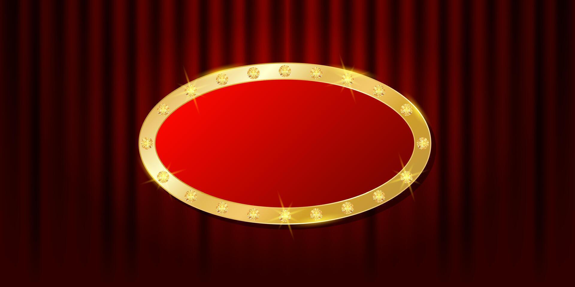 Vip wallpaper with golden shiny oval frame. Red curtains background with empty copy space. Premium illustration for cinema, casino, theater, events, show, opera, circus vector