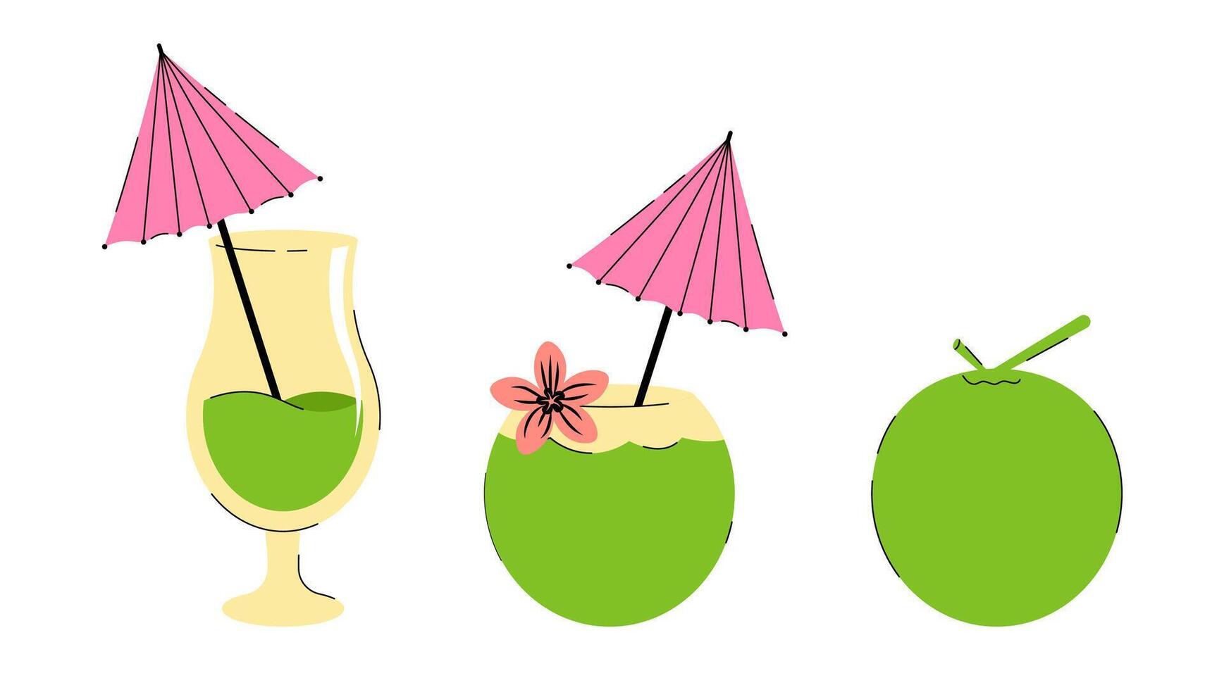 Set of summer fruit cocktails in glass and coconut. beverage collection on white background for interior, poster, banner vector