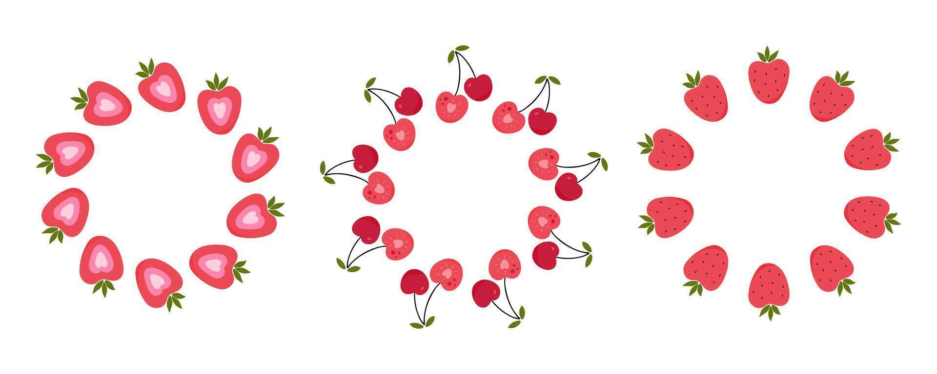 Hand drawn strawberry and cherry frame set vector