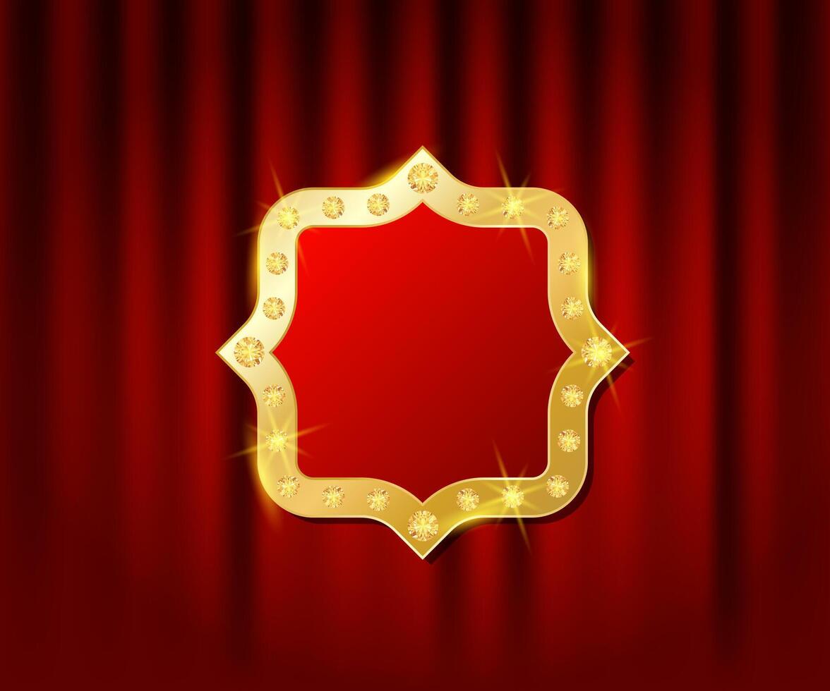 Vip card with golden shiny emblem. Red curtains background with empty copy space. Premium illustration for cinema, casino, theater, events, show, opera, circus vector