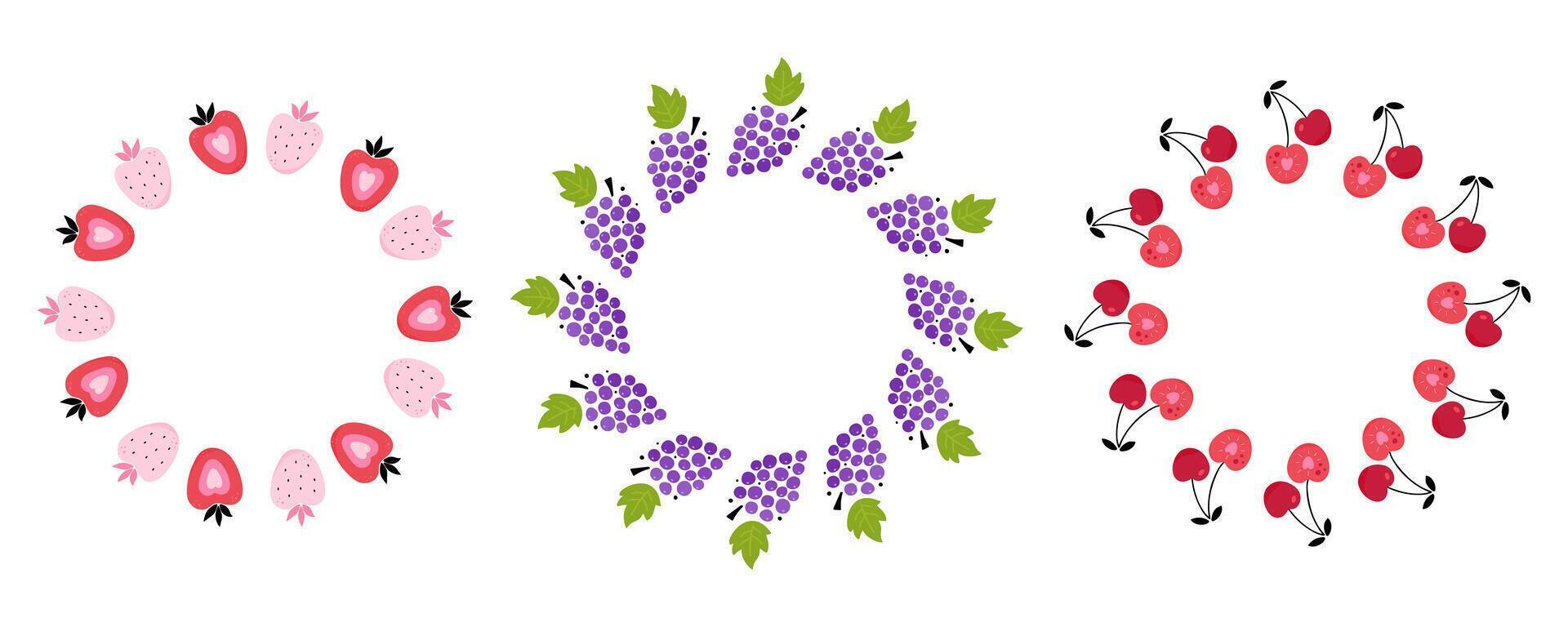 Cute grape, strawberry and cherry frame set vector