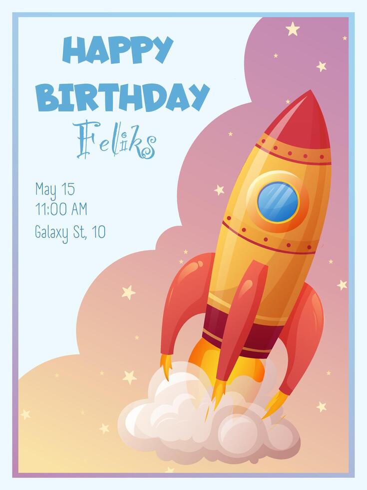 kids birthday invitation with rocket in space with stars vector