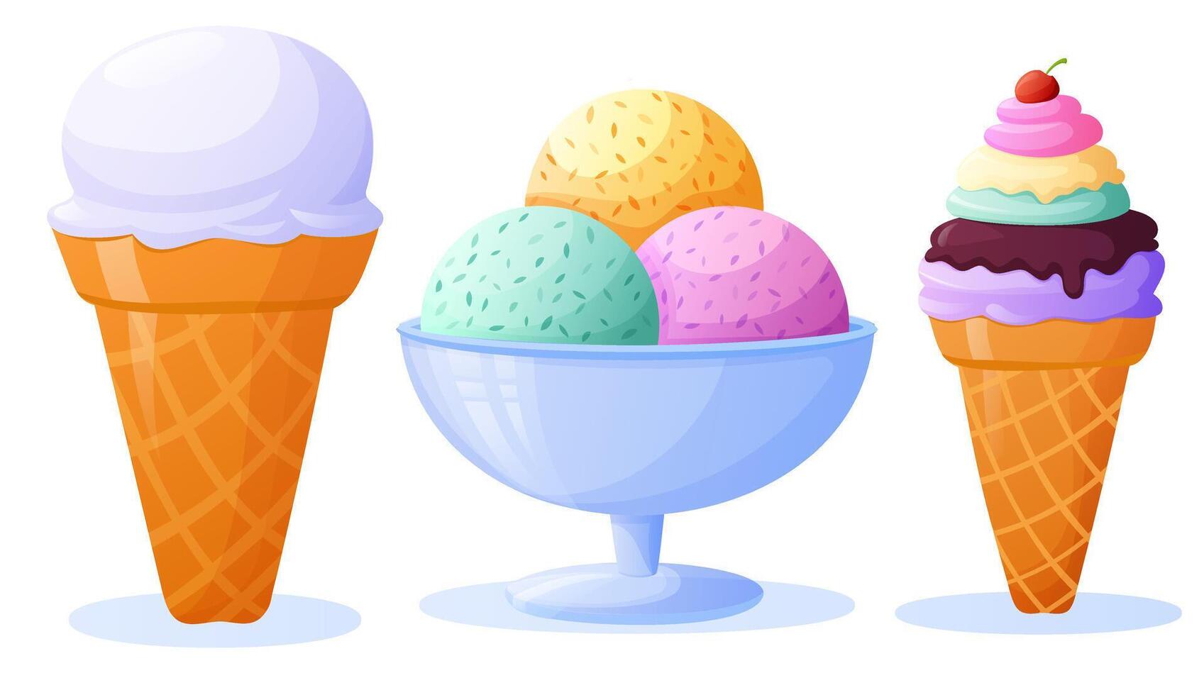 ice cream plombir, cherry in a waffle cone and balls in pastel colors vector
