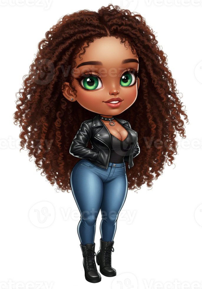 Stylish Cartoon African American Woman in a Leather Jacket and Jeans png