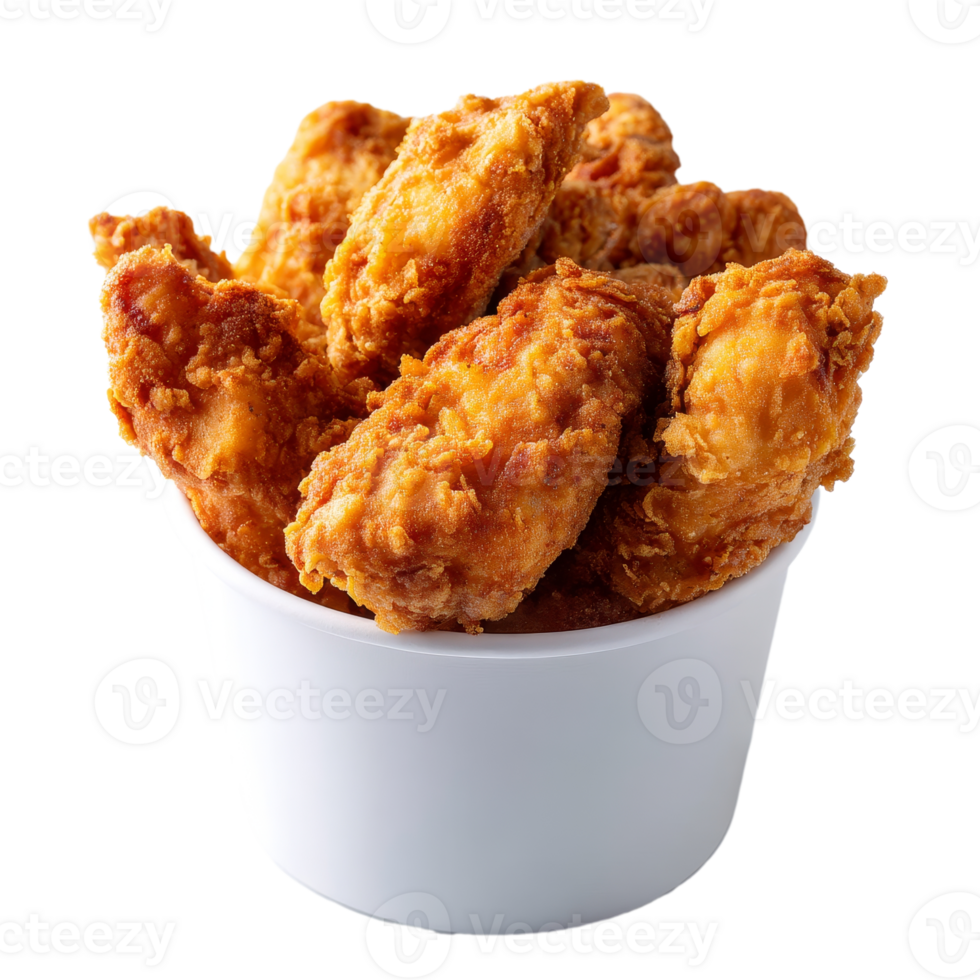 Crispy chicken tenders in a bucket invite indulgence with their golden-brown crunchy texture displayed perfectly against a transparent backdrop png