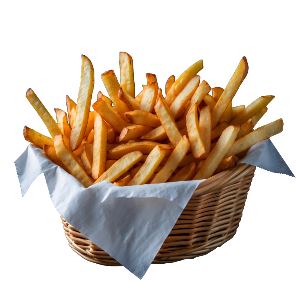 French fries on a round basket on a transparent background png