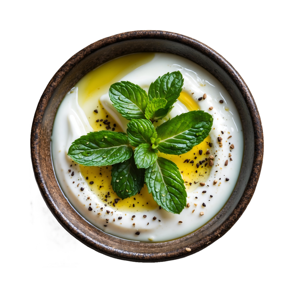 Top View of Seasoned Yogurt Garnished With Mint Leaves and Olive Oil in Bowl isolated on Transparent Background png