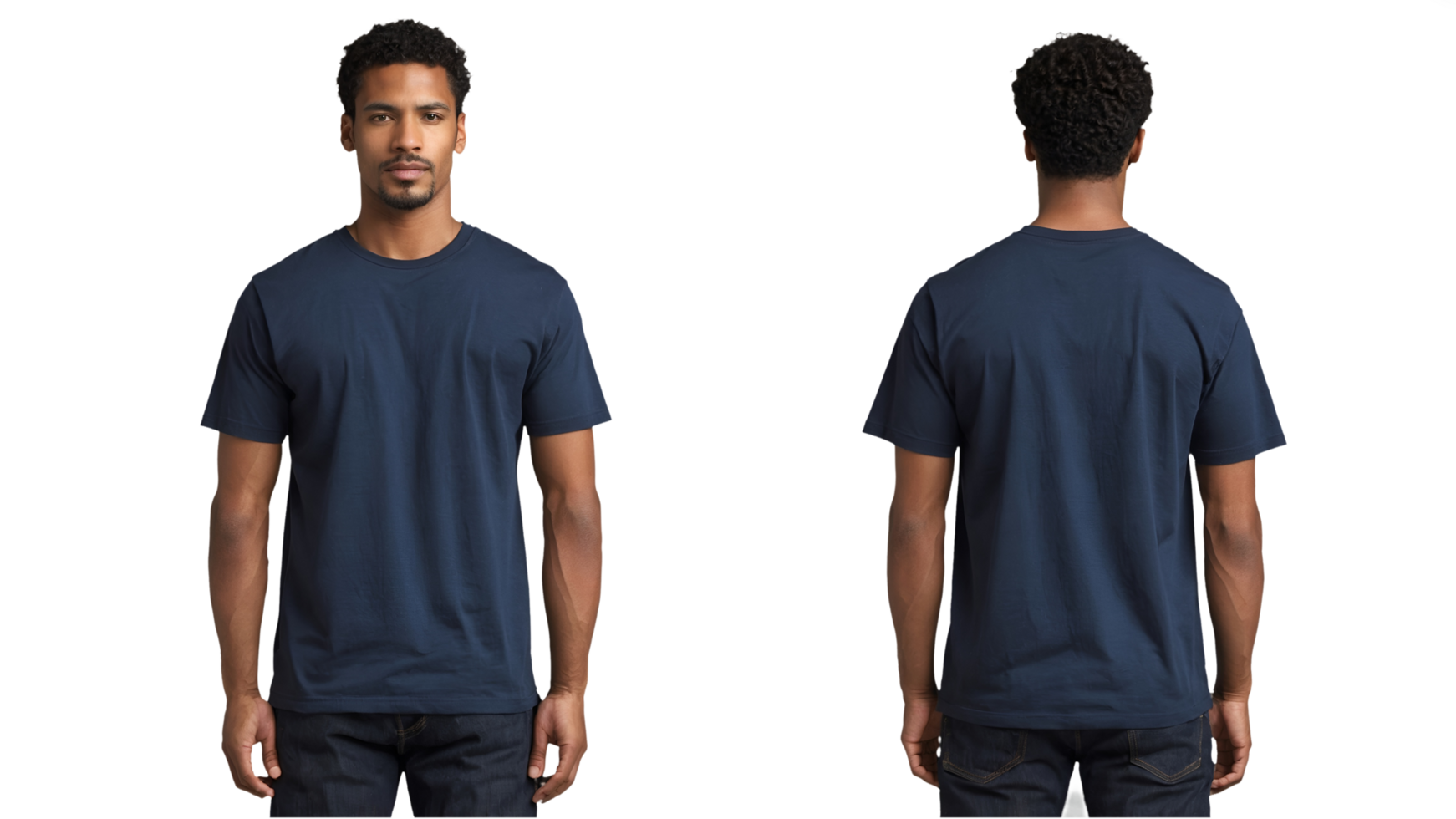 Male Model Wearing Casual Blue T-Shirt Front and Back Views isolated on transparent Background png