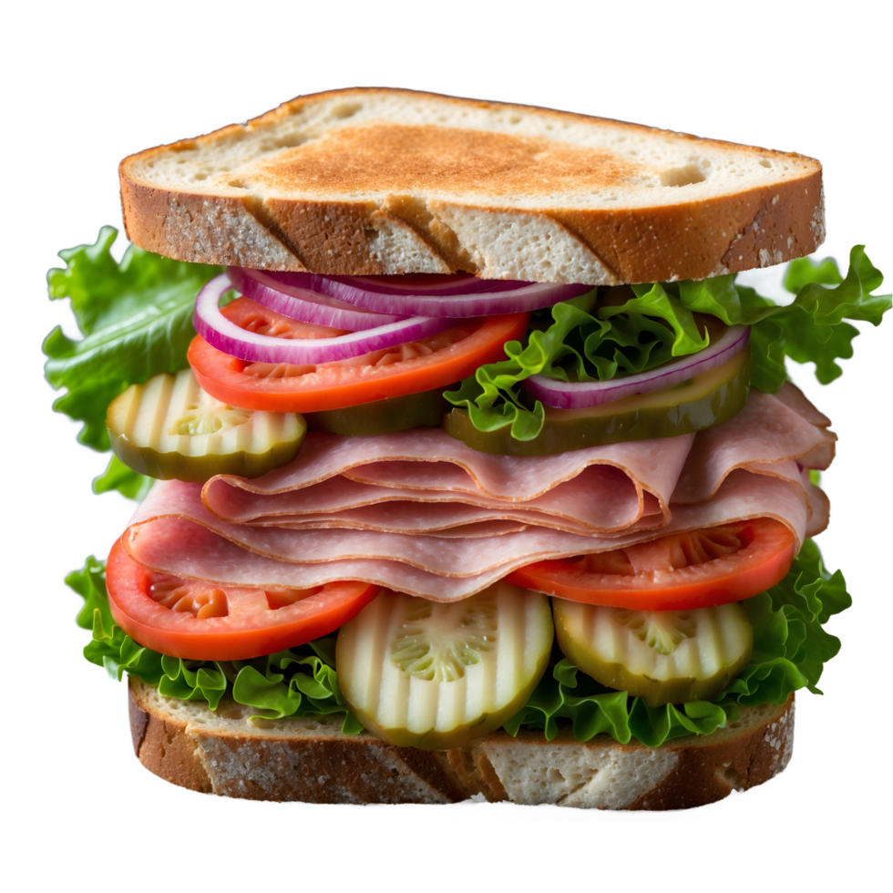 Fresh Ham Sandwich with Greens, Tomatoes, and Onions isolated on transparent background png