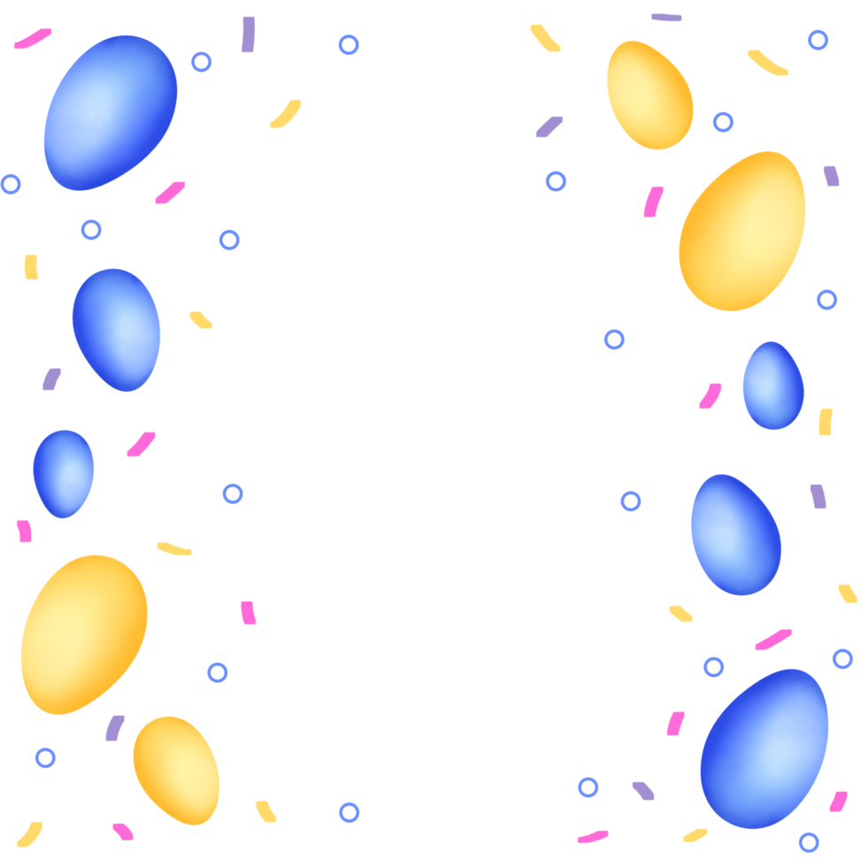 a Transparent background with blue and yellow balloons and confetti png