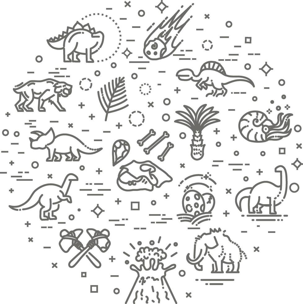 Dinosaur icons . Dinosaur egg and volcano, dinosaur skeleton and tyrannosaurus icons vector