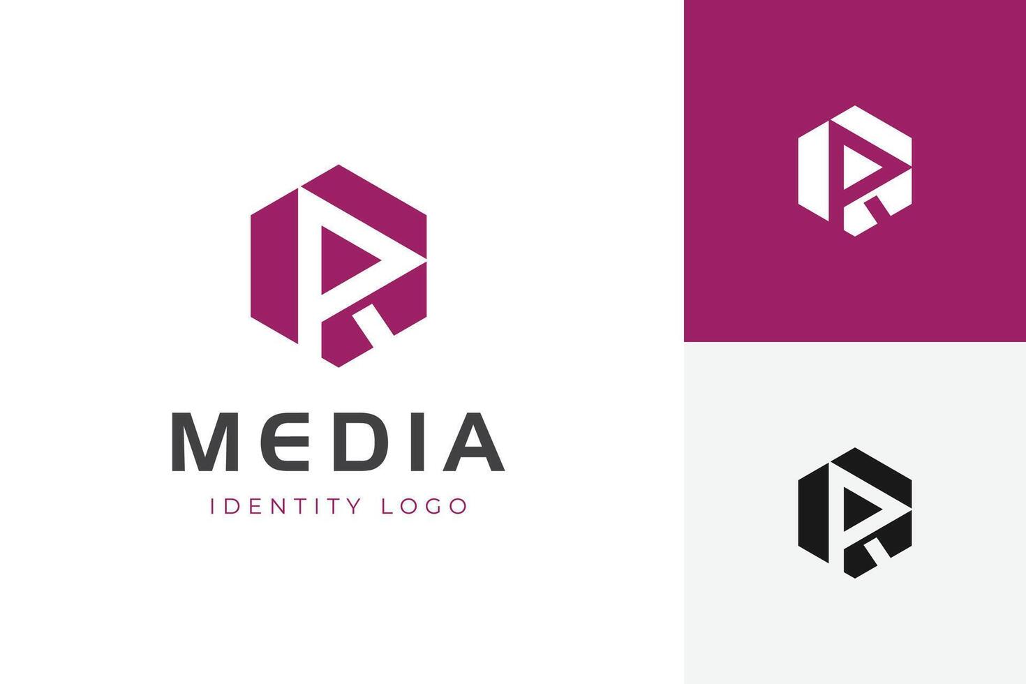 Play Media Logo with letter R Play button and hexagon graphic symbol for multimedia logo illustration vector
