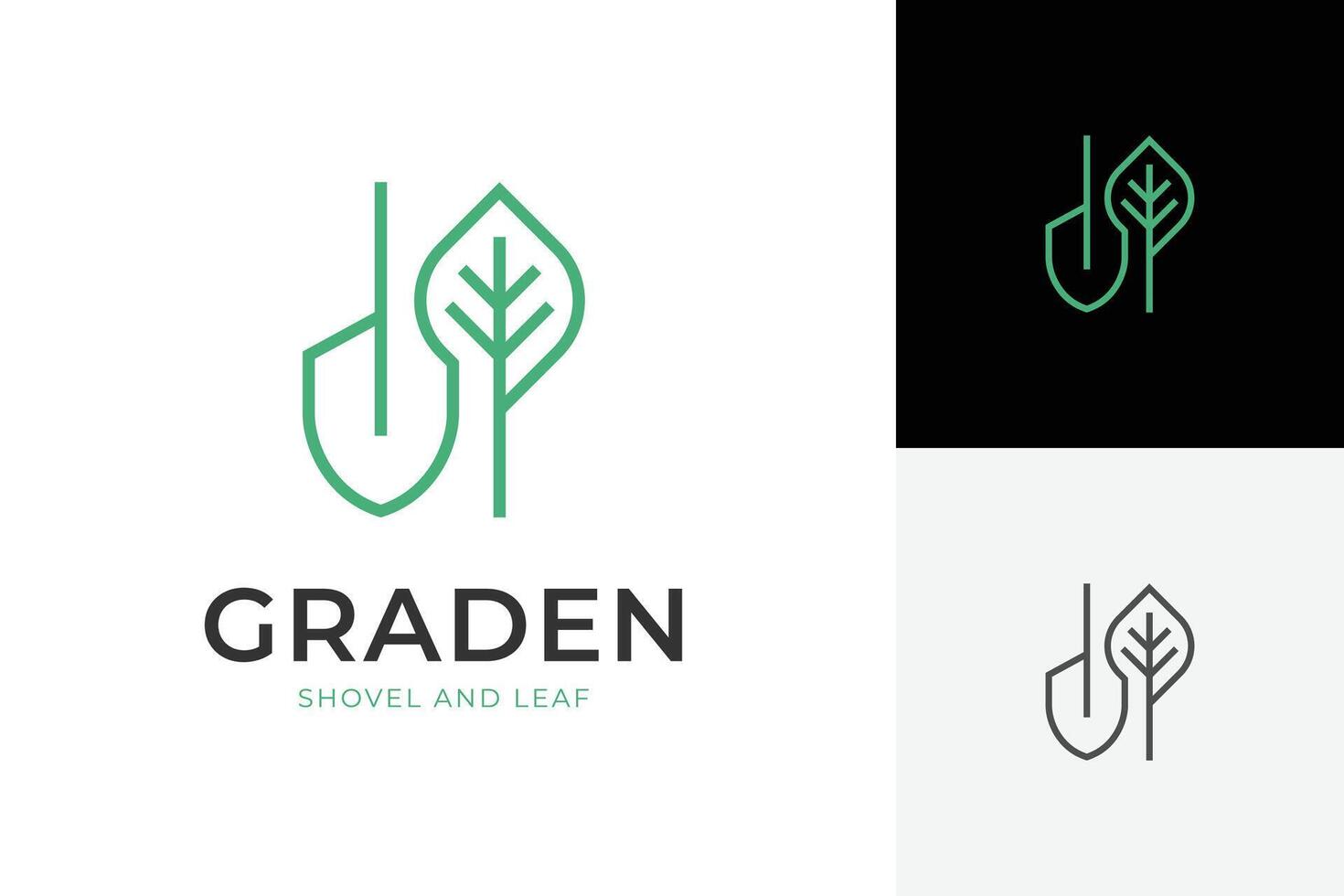 Simple Gardening logo icon design with shovel spade and leaf outline graphic for garden, plantation logo template vector