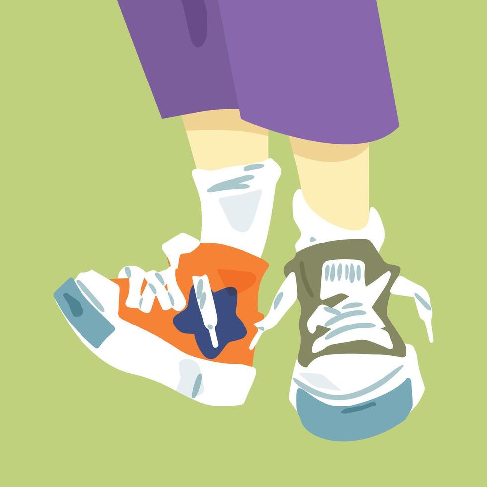 Mismatched Cartoon Sneakers On Feet vector