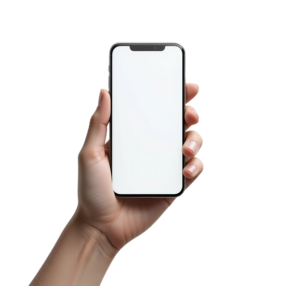A woman's hand holds a blank touchscreen smartphone, a digital device for wireless communication technology, hand holding smart phone png